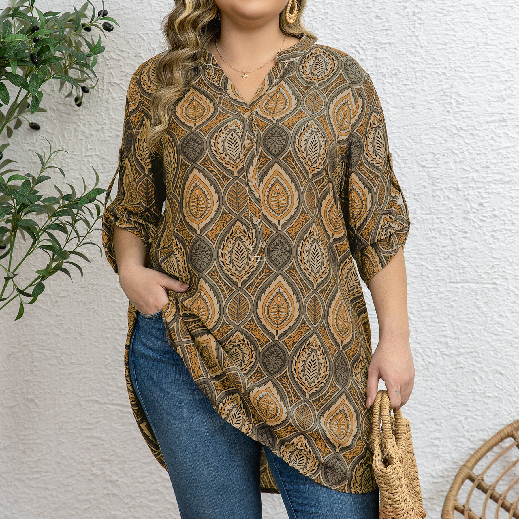 Women's Plus size Casual Blouse V-neck Loose Straight Print Top For Daily Outings and Office Wear Three colors 1XL-5XL