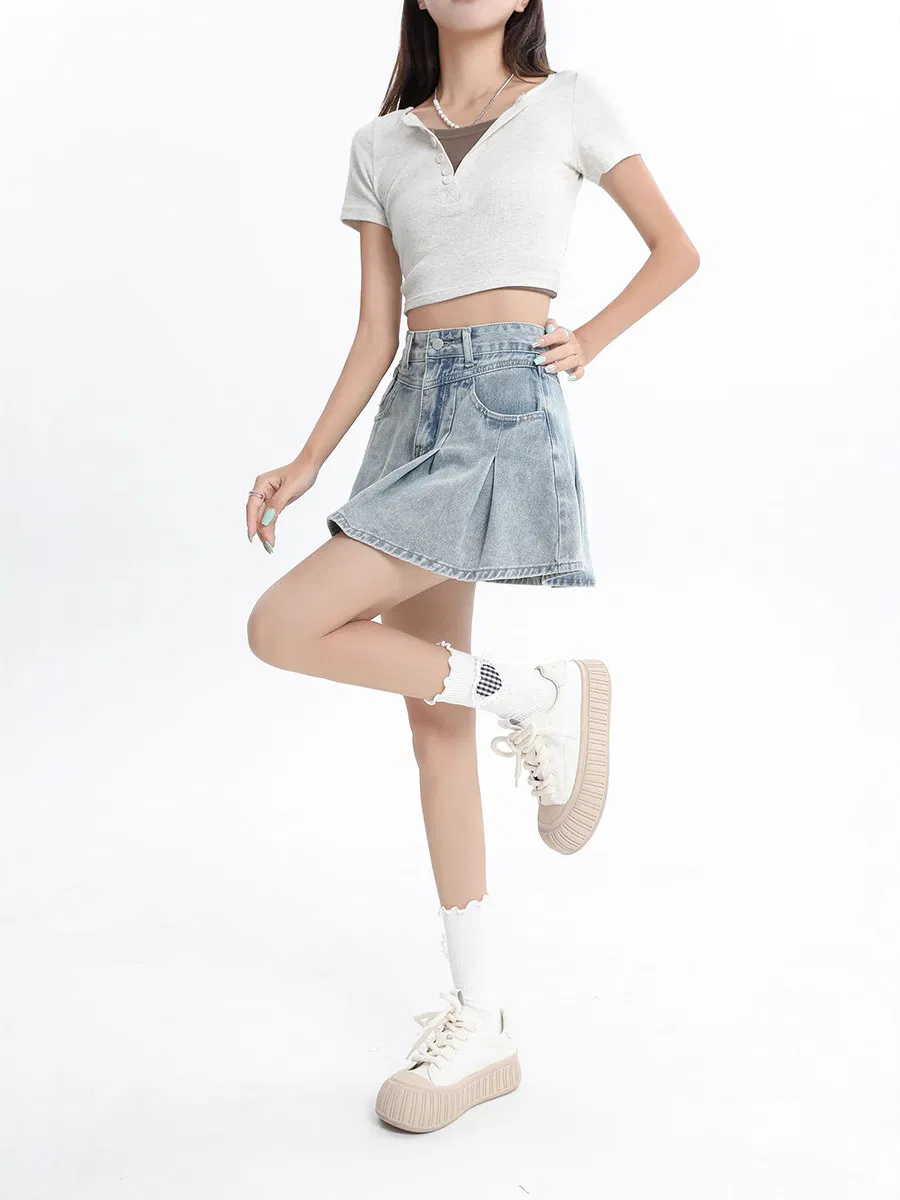 Low MOQ Women High-Waist Pleated Denim Skort Vintage Washed A-Line Mini Skirt with Built-in Shorts