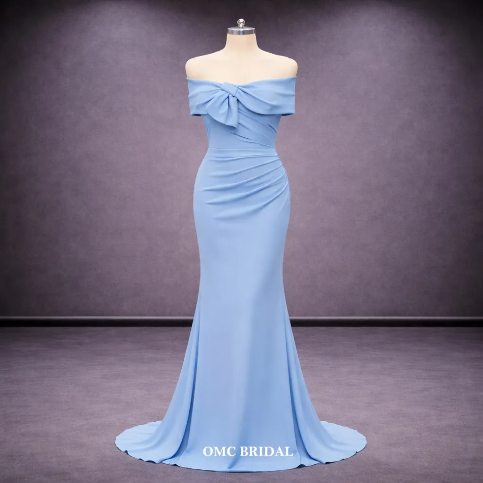 Sky Blue off Shoulder Sweetheart Mermaid Satin Evening Prom Dress with Long Train