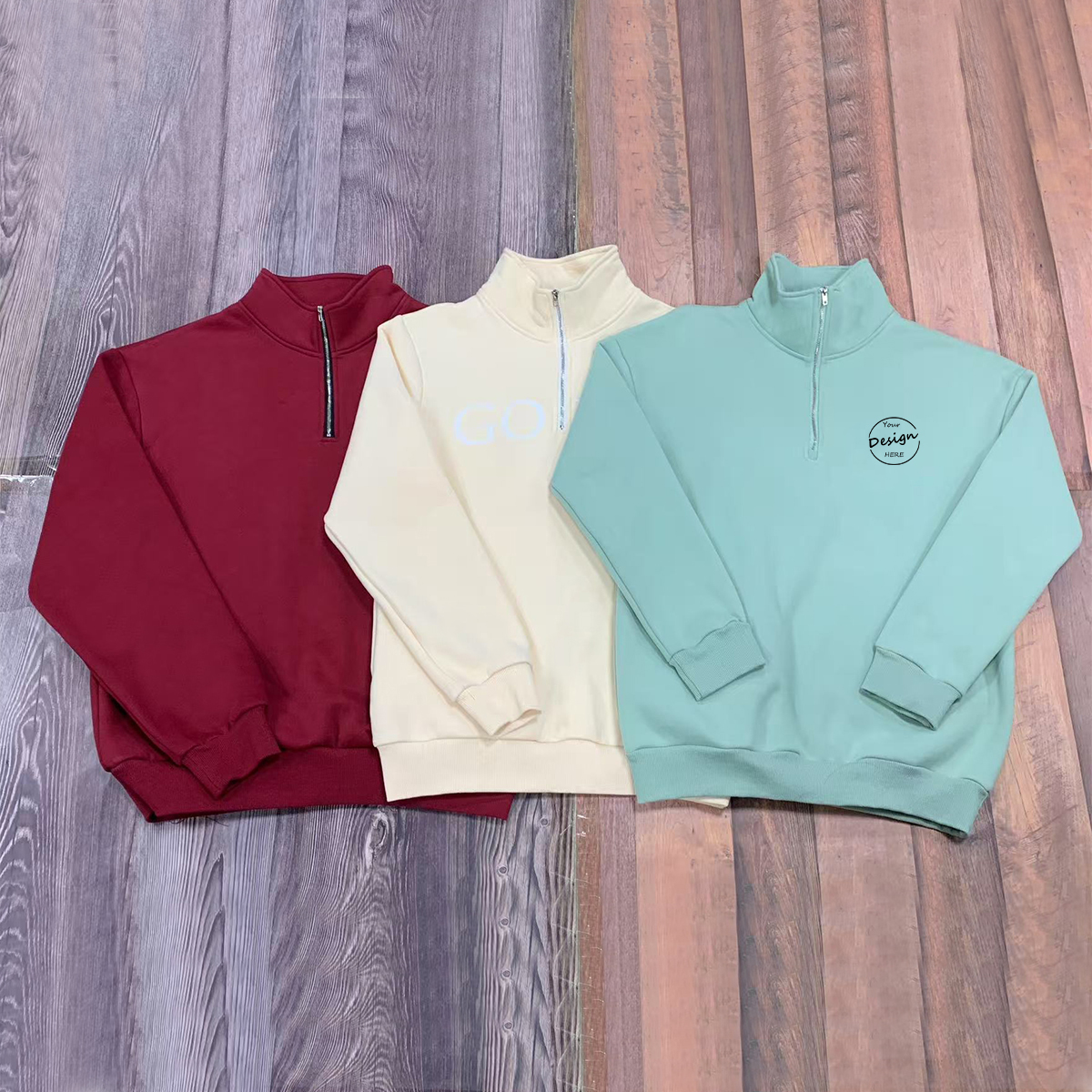 Custom Embroidery Logo Casual Oversized Quarter Zip Up Stand-neck Fleece Terry Cotton Hoodies Sweatshirt Pullover For Women