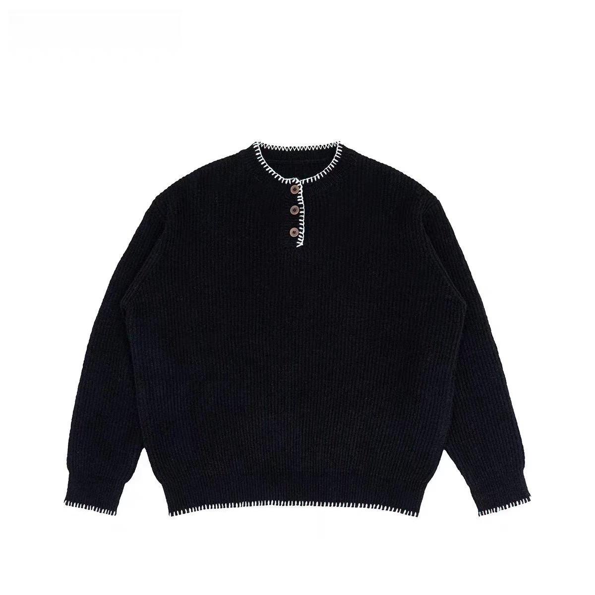 Custom Men's Casual Warm Knitted Wool Blend Pullover Sweaters Loose Button Henley Collar Long Sleeve Sweaters