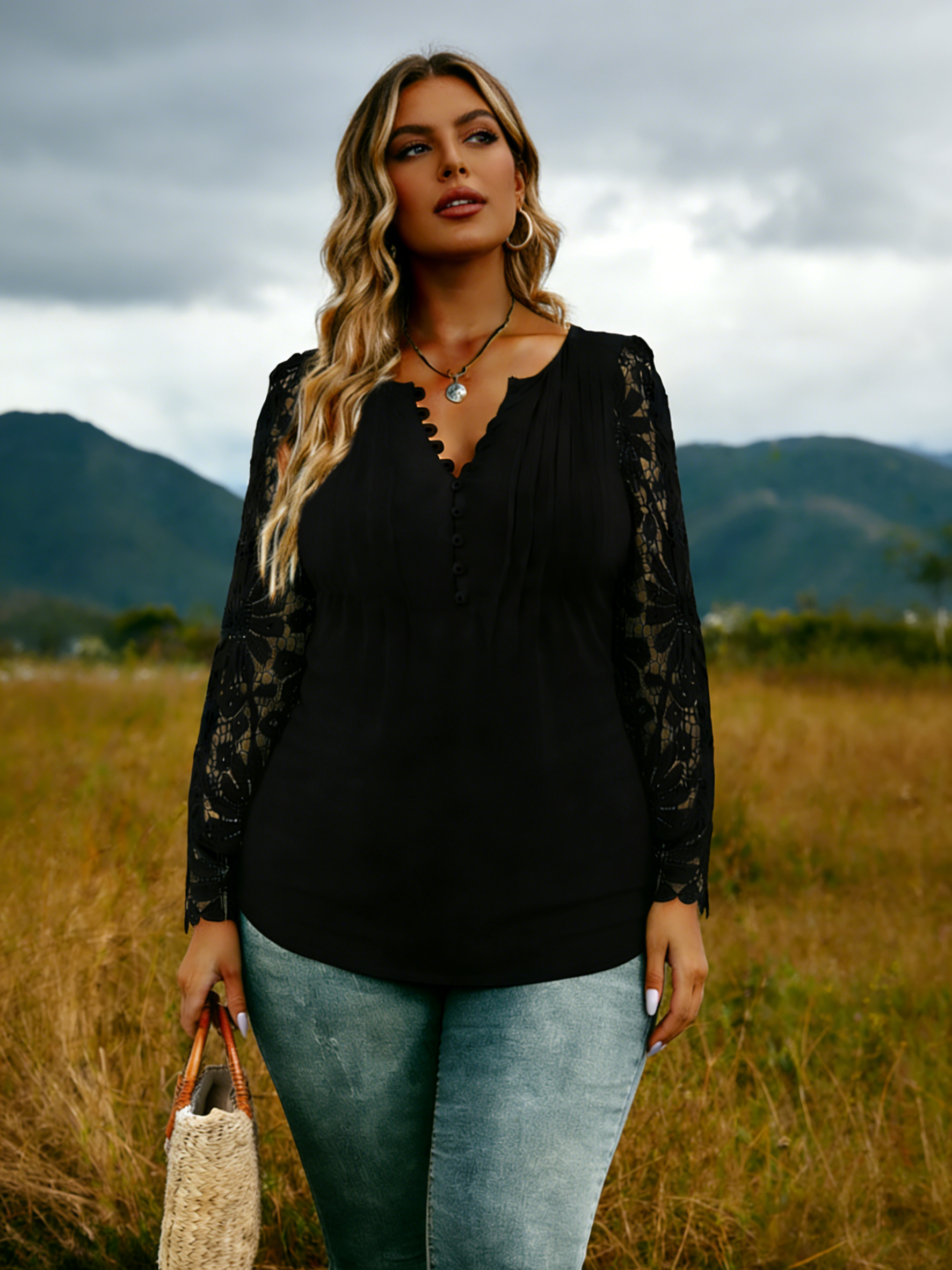 Plus Size Women's Spring/Autumn Casual Button Lace Long-Sleeve Loose-Fit Blouse