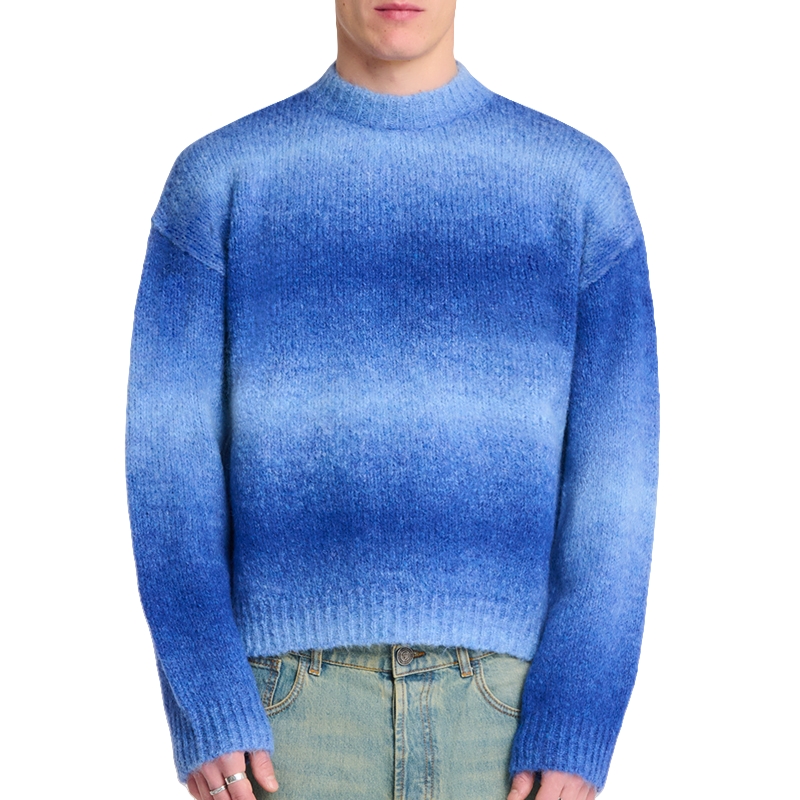 Custom LOGO Mohair Sweater Long Sleeve Crew Neck Pullover Stripe Knitwear Winter Fuzzy Casual Jumper Mohair Knitted Sweater Men