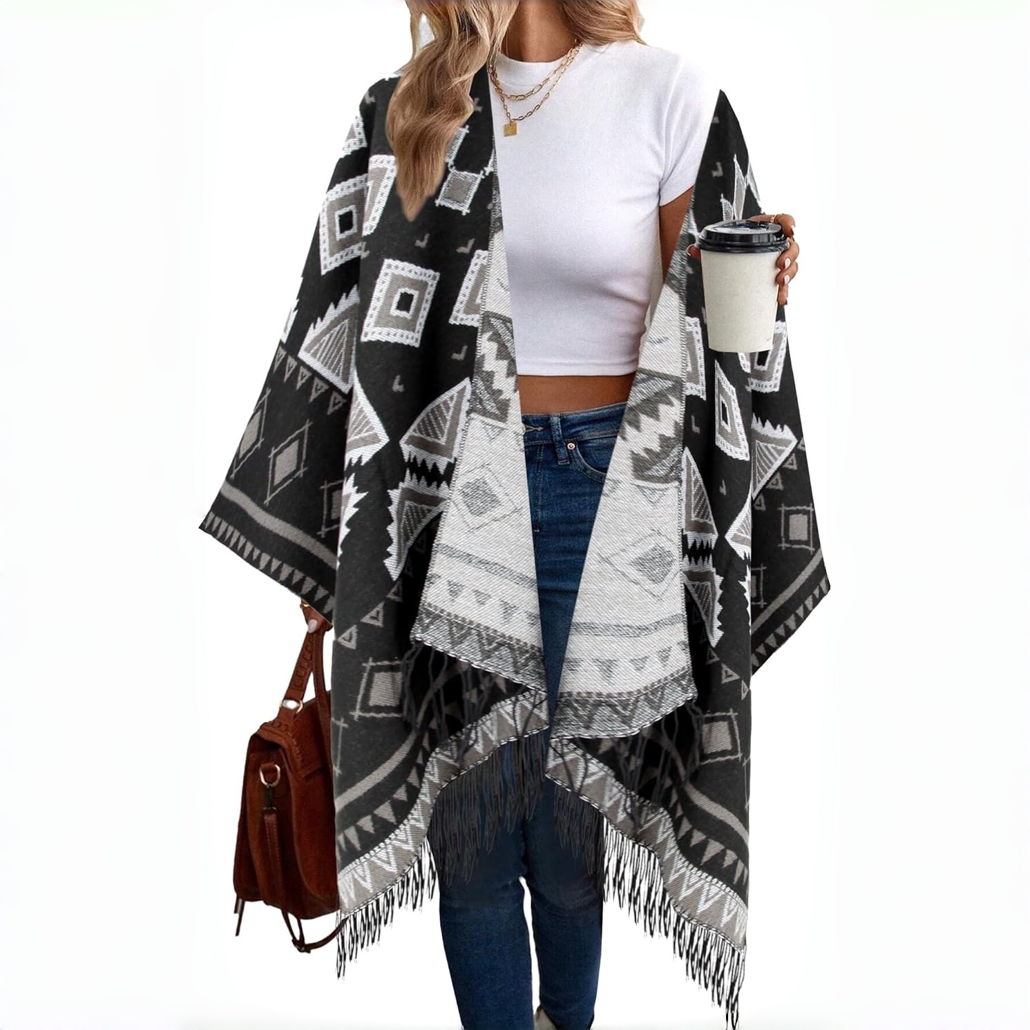 High Quality Thick Wool Geometrical Pattern Women's Winter Poncho Sweater Coat Cloak With Reversible Design Windproof Features