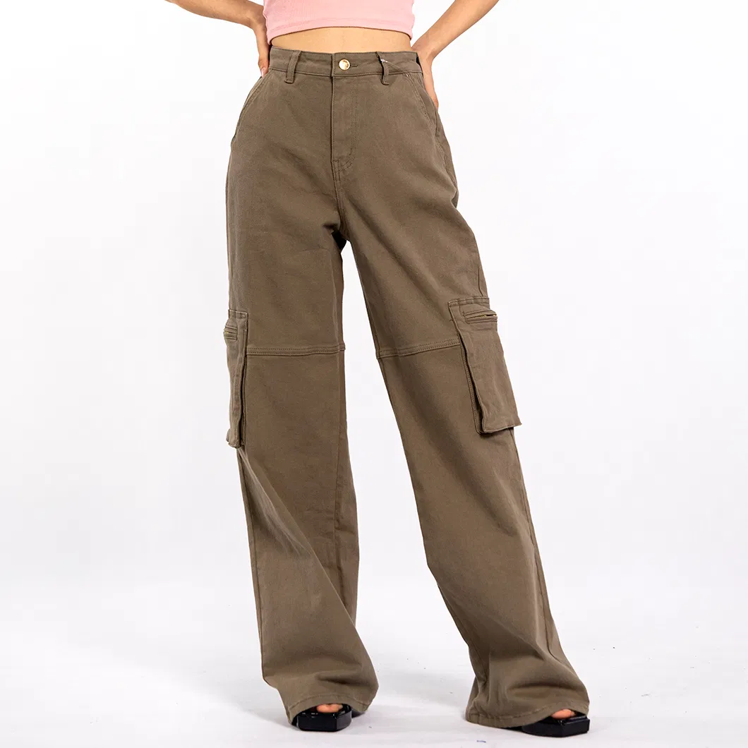 Custom Vintage Aged Large Pockets Loose Long Straight Cargo Pants Women