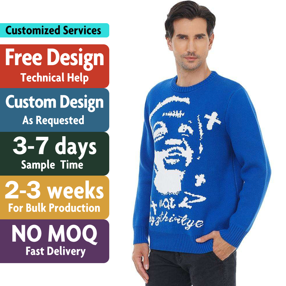 Custom LOGO Men Sweater Jacquard Pattern Knitwear Crew Neck Pullover Casual Graphic Jumper Winter Cotton Custom Knitted Sweater