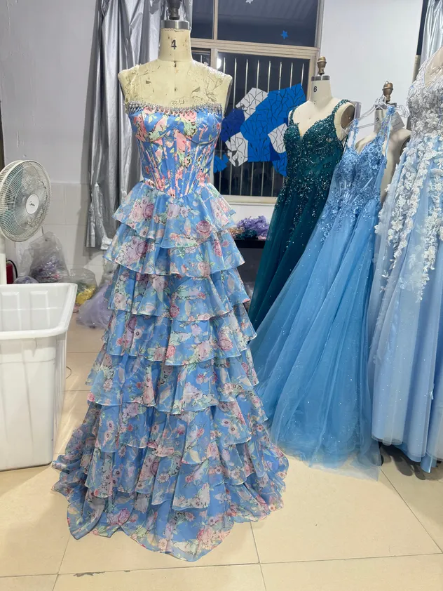 Yellow - Strapless A Line Floral Chiffon Ruffled Prom Dresses with Beading Evening Dress Prom Dress Sexy Dress Vestido De Noche Girl Dress Layered Dress
