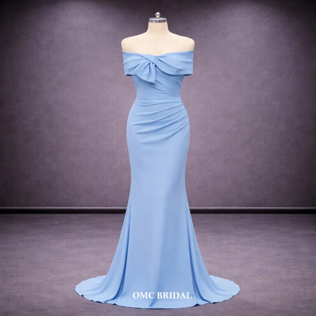 Sky Blue off Shoulder Sweetheart Mermaid Satin Evening Prom Dress with Long Train