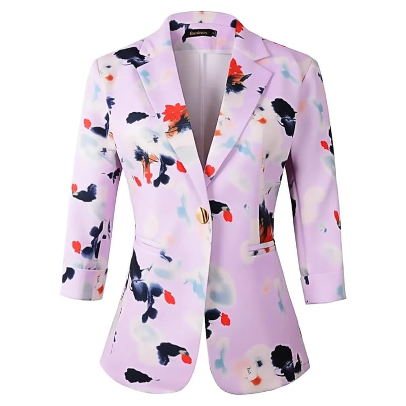 Women Light Purple Ink Print 3/4 Sleeve One Button Slim Fit Casual Blazer Suit Jacket