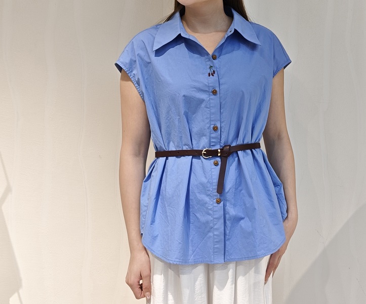 2026 Summer New Arrival Casual Women's Blue Blouse with Button Shirt Collar Short Sleeve Cherry Embroidery and Belt
