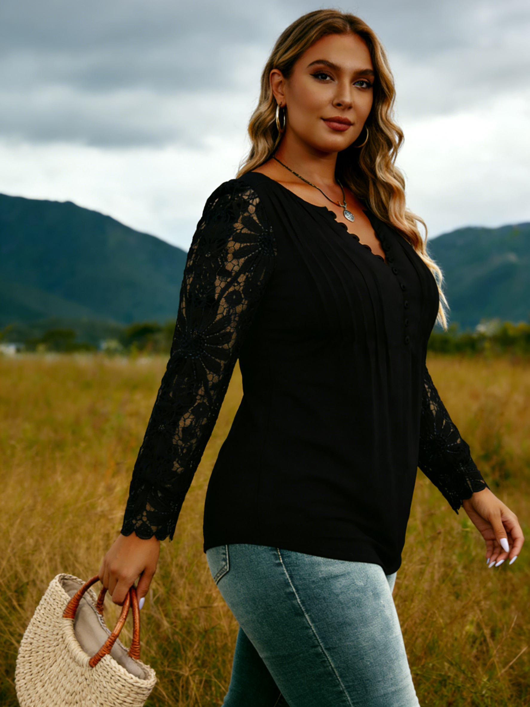 Plus Size Women's Spring/Autumn Casual Button Lace Long-Sleeve Loose-Fit Blouse