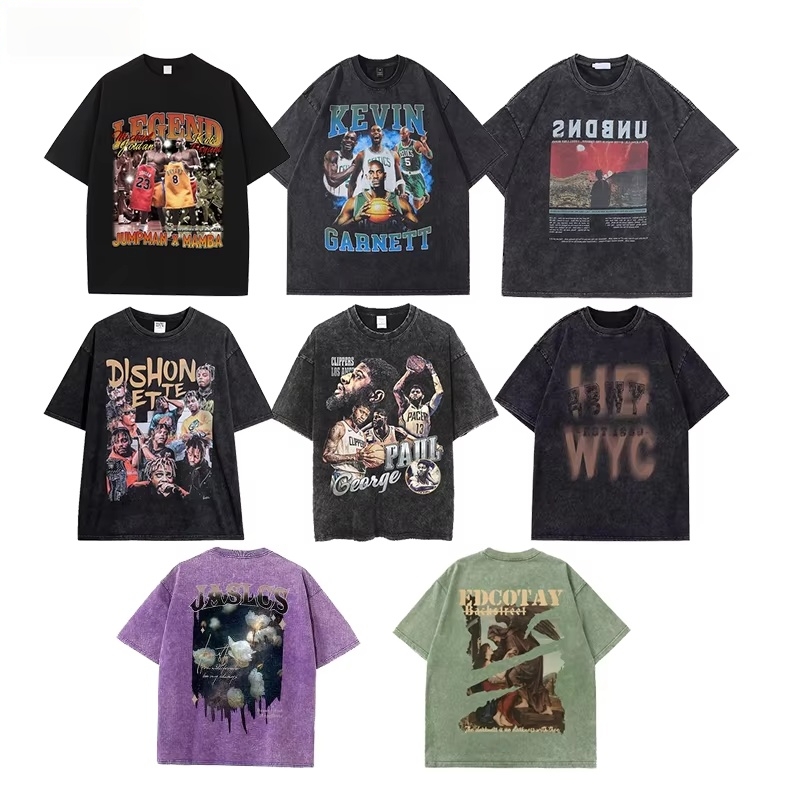 Acid Wash Long Knitted T-Shirt 250GSM 100% Cotton High Quality Men Oversized Vintage Retro Streetwear Casual Blank Custom DTG