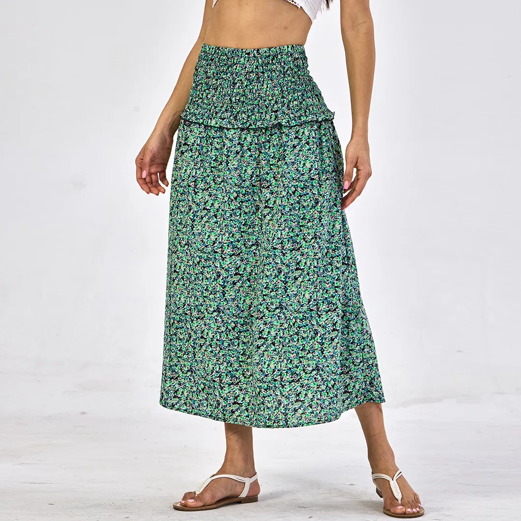 Wholesale European Style Pleated High Waist Casual Fashion Pattern Printing Women Long Skirt