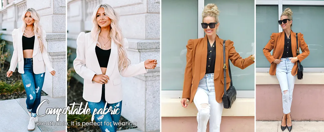 Women's Puff Sleeve Blazer Spring Fall Business Casual Open Front