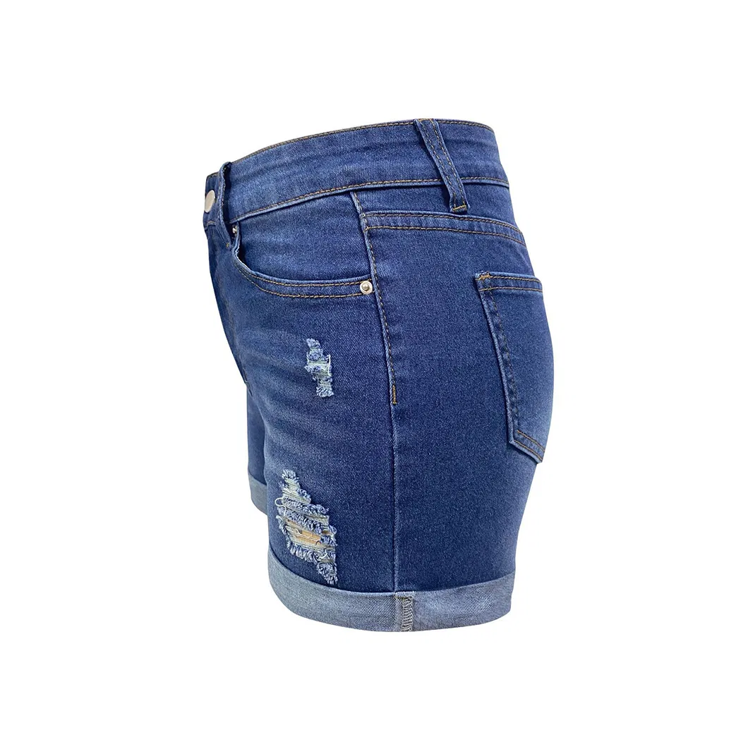 Holey Straight-Leg Casual Denim Shorts for The 2025 Summer Collection, with High Waist and Stretchiness