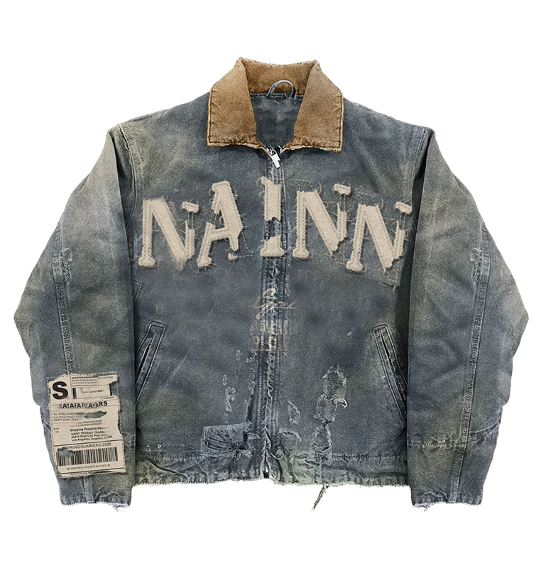 Custom Streetwear Custom Designer Vintage Jean Coats Winter Distressed Embroidered Patch Oversize Work Denim Jean Zip Jacket
