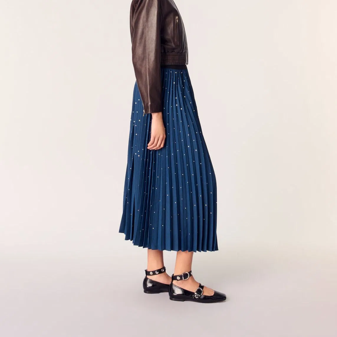 Dark Blue Dotted Pleated Summer Fashion High-Waist A-Line Wholesale Women Skirt
