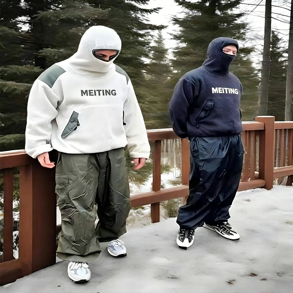 Custom Vintage Oversize Ninja Hoodie Fluffy Fleece 100% Cotton 550Gsm Winter Thick Warm Balaclava Hoodie Full Face Hoodie