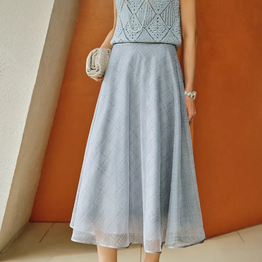 Casual Summer Print Embroidery Pleated Skirt A Line Black Women's Half Length Skirt MIDI Skirt