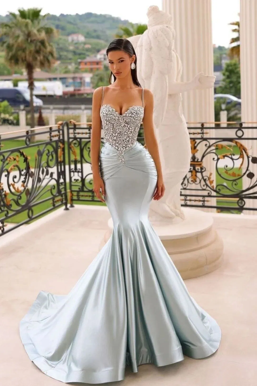 Beaded Wedding Formal Gowns Spandex Silver Evening Dress M71303