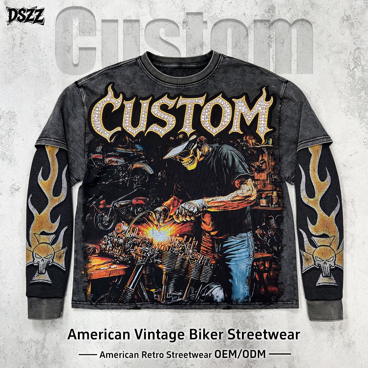 OEM ODM Unisex Loose Vintage Biker Long Sleeve T-Shirt 3D Mock Layer Skull Flame Graphic Tee Gothic Grunge Streetwear Rhinestone