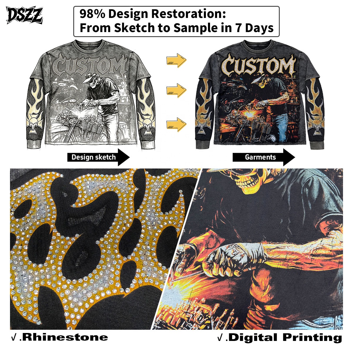 OEM ODM Unisex Loose Vintage Biker Long Sleeve T-Shirt 3D Mock Layer Skull Flame Graphic Tee Gothic Grunge Streetwear Rhinestone