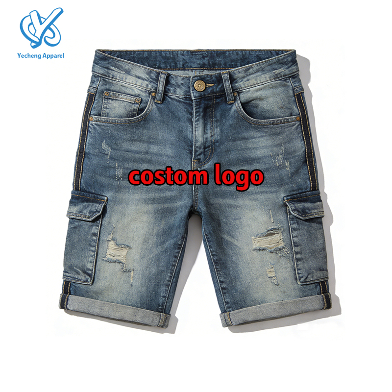 Custom Digital Printed Acid Wash Cotton Summer Button Fly Distressed Outdoor Denim Shorts Stylish Men's Shorts