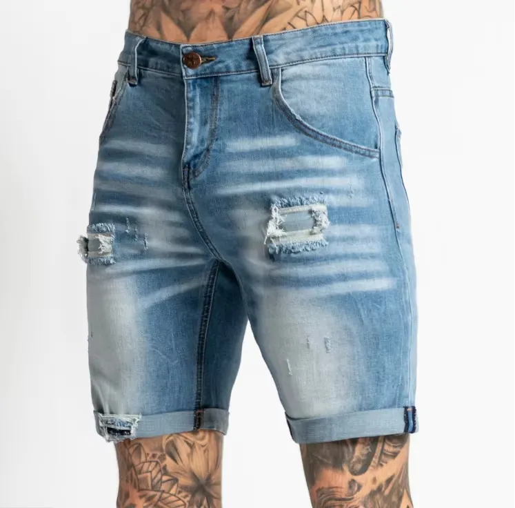 Custom Cotton Summer Skinny Damage Stretch Waistband Hole Straight-Leg Men Denim Shorts