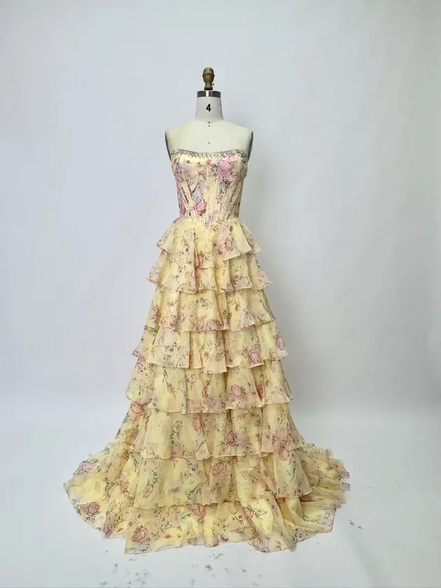 Yellow - Strapless A Line Floral Chiffon Ruffled Prom Dresses with Beading Evening Dress Prom Dress Sexy Dress Vestido De Noche Girl Dress Layered Dress