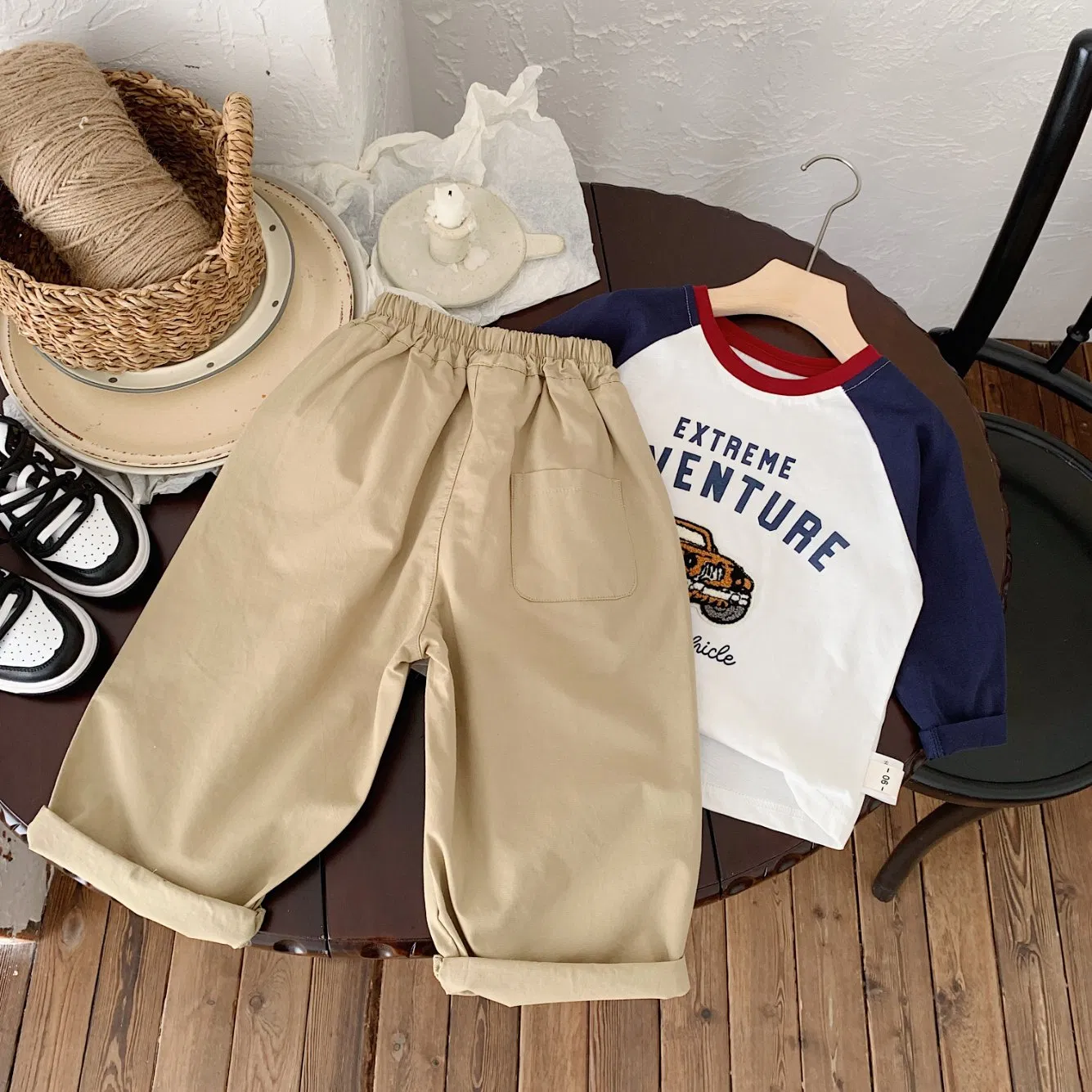 Kids Cotton Cargo Pants Elastic Waist Rolled Hem (Beige/Khaki)