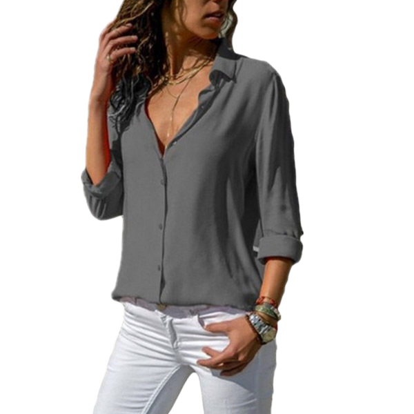Women's Elegant Office Formal Blouses Shirts Button Stand Neck Long Sleeve Breathable Chiffon Top in Summer Sizes XL &amp; XXL