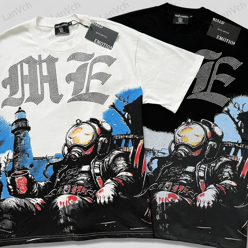 Mixed Emotion Men's Graphic Tee 2026, American High Street Diver Print T-Shirt, Custom Logo Wholesale