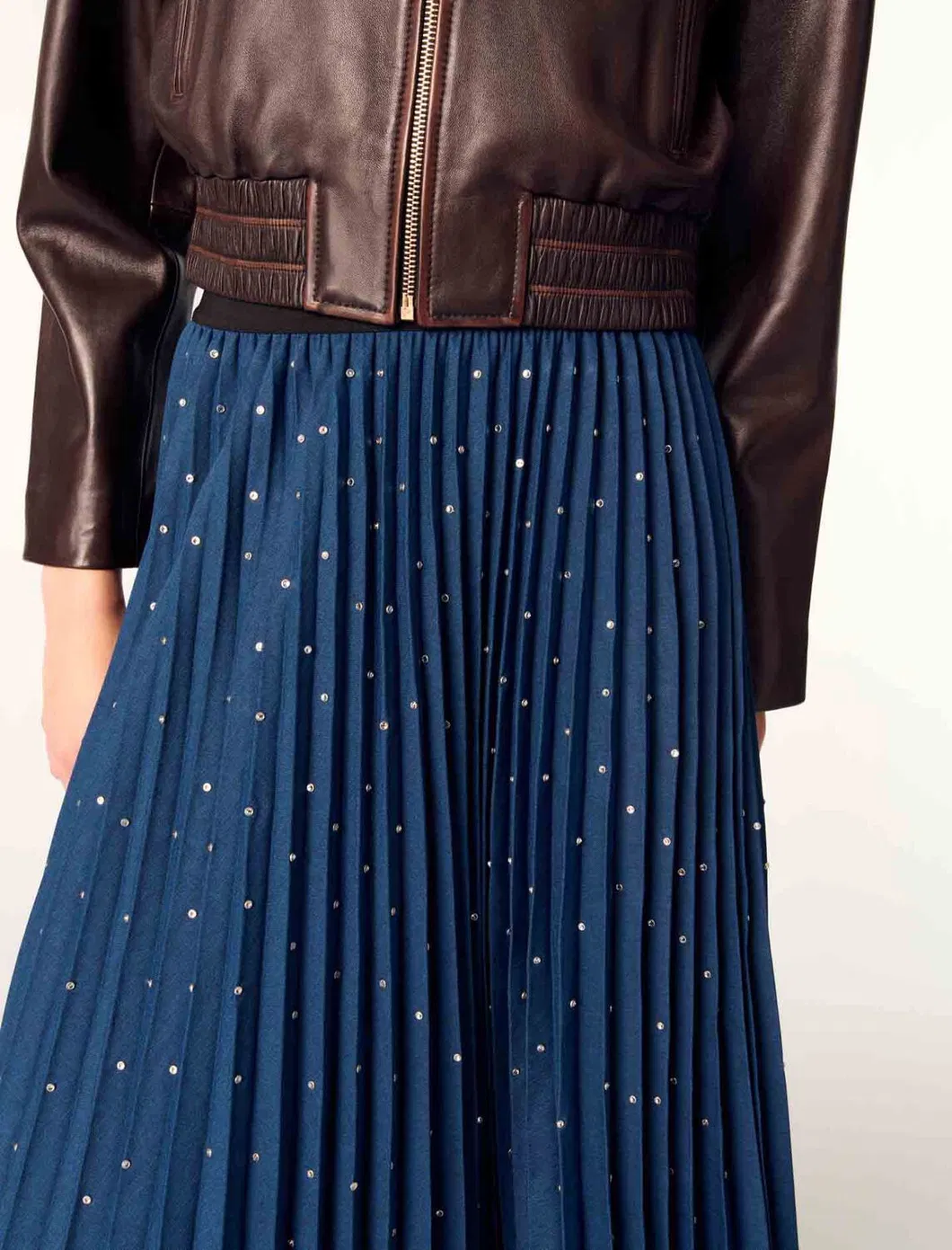 Dark Blue Dotted Pleated Summer Fashion High-Waist A-Line Wholesale Women Skirt