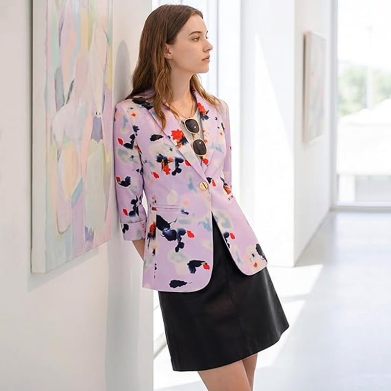 Women Light Purple Ink Print 3/4 Sleeve One Button Slim Fit Casual Blazer Suit Jacket