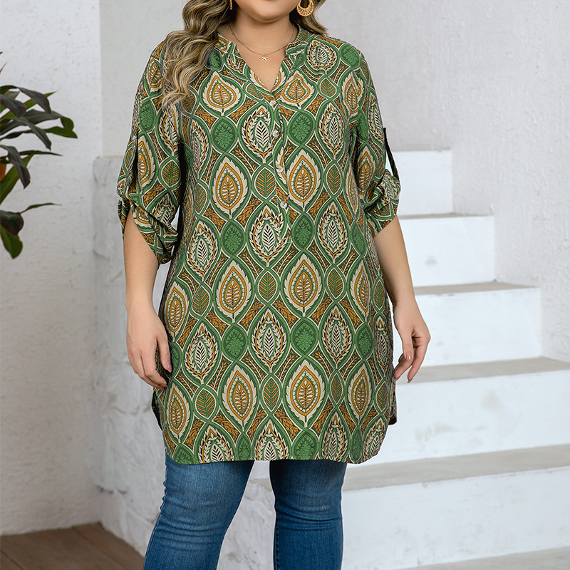 Women's Plus size Casual Blouse V-neck Loose Straight Print Top For Daily Outings and Office Wear Three colors 1XL-5XL