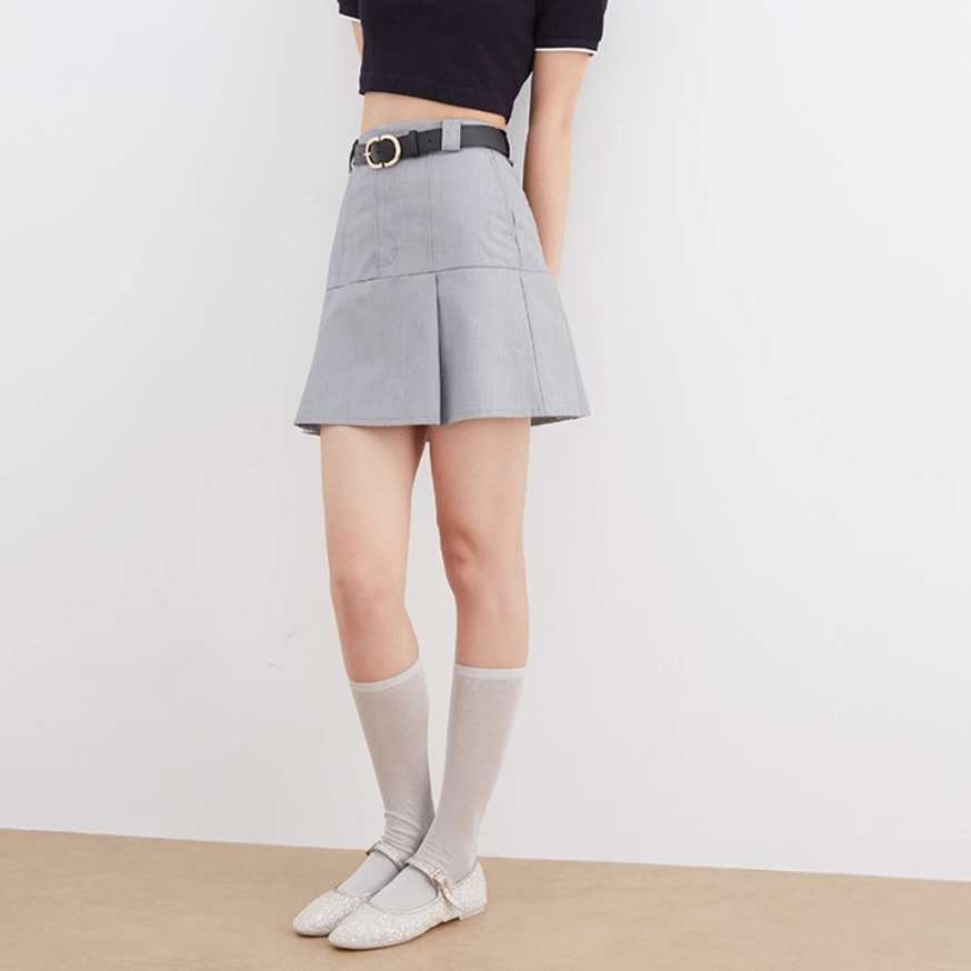 Spring Summer Solid High-Waist Belted Pleated A-Line Skirt