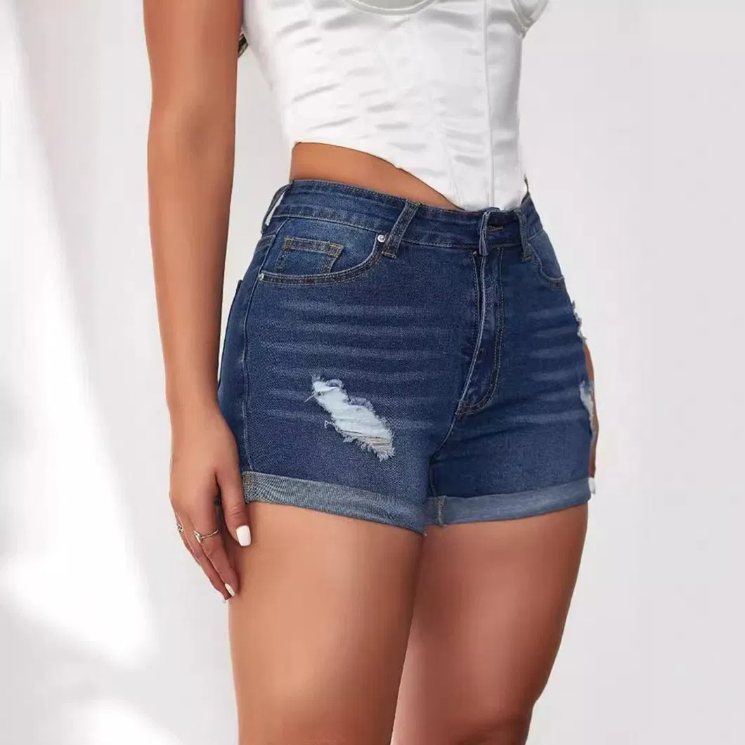 Holey Straight-Leg Casual Denim Shorts