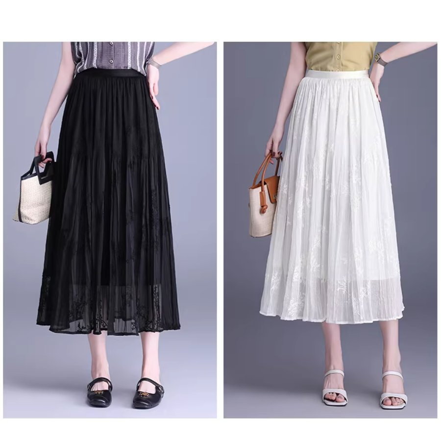 Casual Summer Print Embroidery Pleated Skirt A Line Black Women's Half Length Skirt MIDI Skirt