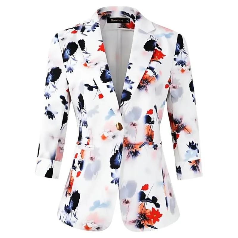 Women Light Purple Ink Print 3/4 Sleeve One Button Slim Fit Casual Blazer Suit Jacket