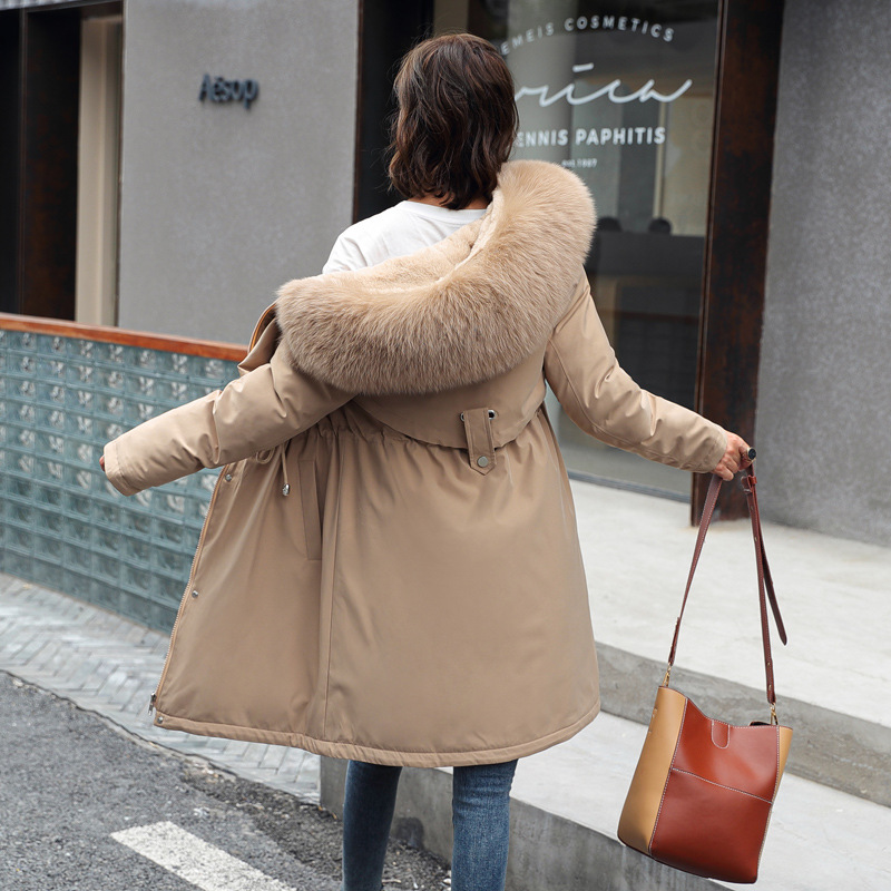 PASUXI 2025 Winter New Women's Cotton Clothes in the Long Hair Collar and Velvet Cotton Jacket Down Cotton Jacket Warm Jacket