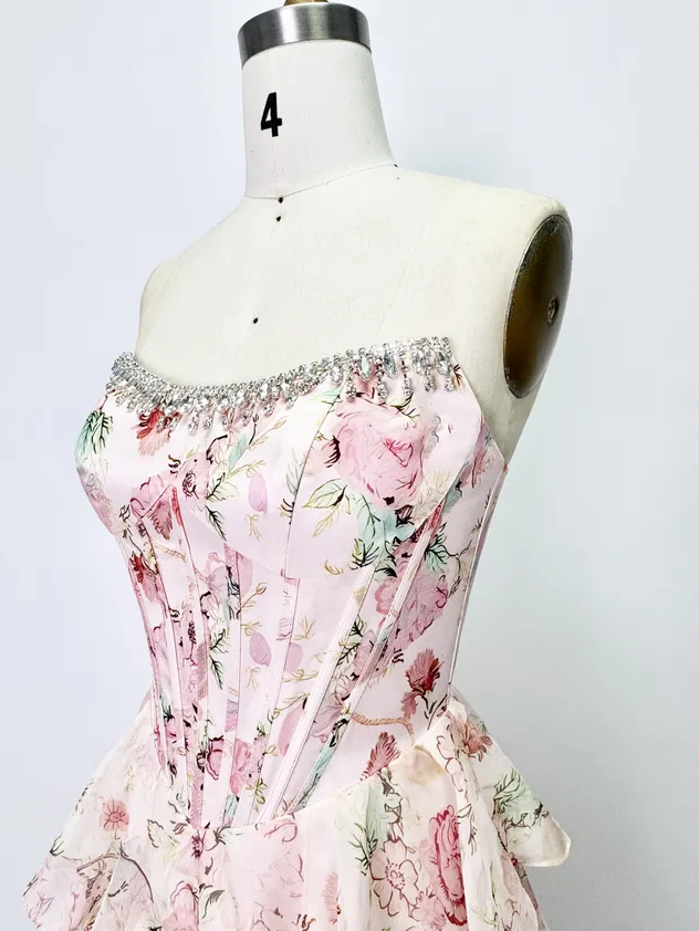 Yellow - Strapless A Line Floral Chiffon Ruffled Prom Dresses with Beading Evening Dress Prom Dress Sexy Dress Vestido De Noche Girl Dress Layered Dress