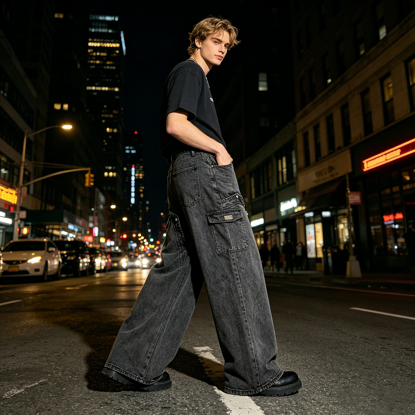 Black Vintage Washed Cargo Jeans With Large Side Pockets And Wide Leg Cut Streetwear Denim Trousers For Men Bulk Supply