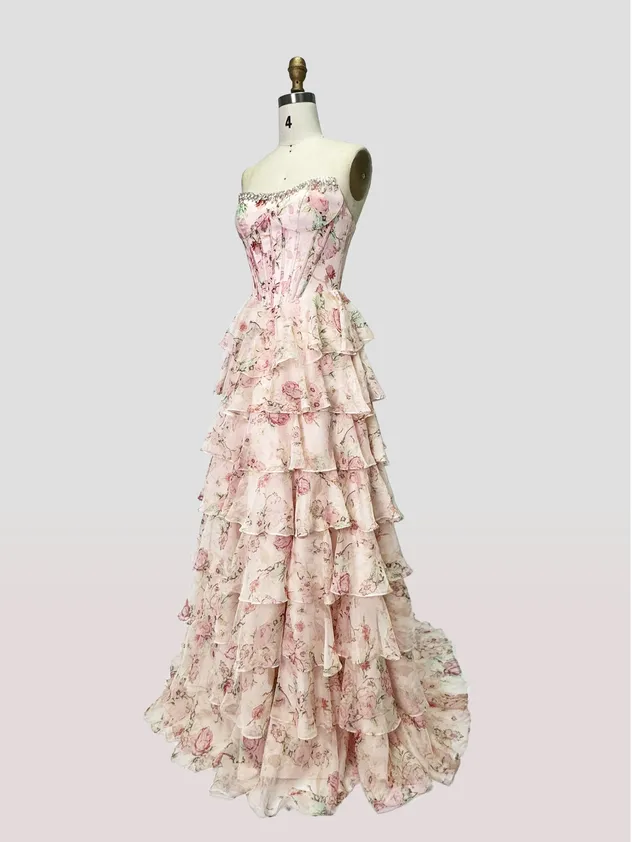 Yellow - Strapless A Line Floral Chiffon Ruffled Prom Dresses with Beading Evening Dress Prom Dress Sexy Dress Vestido De Noche Girl Dress Layered Dress