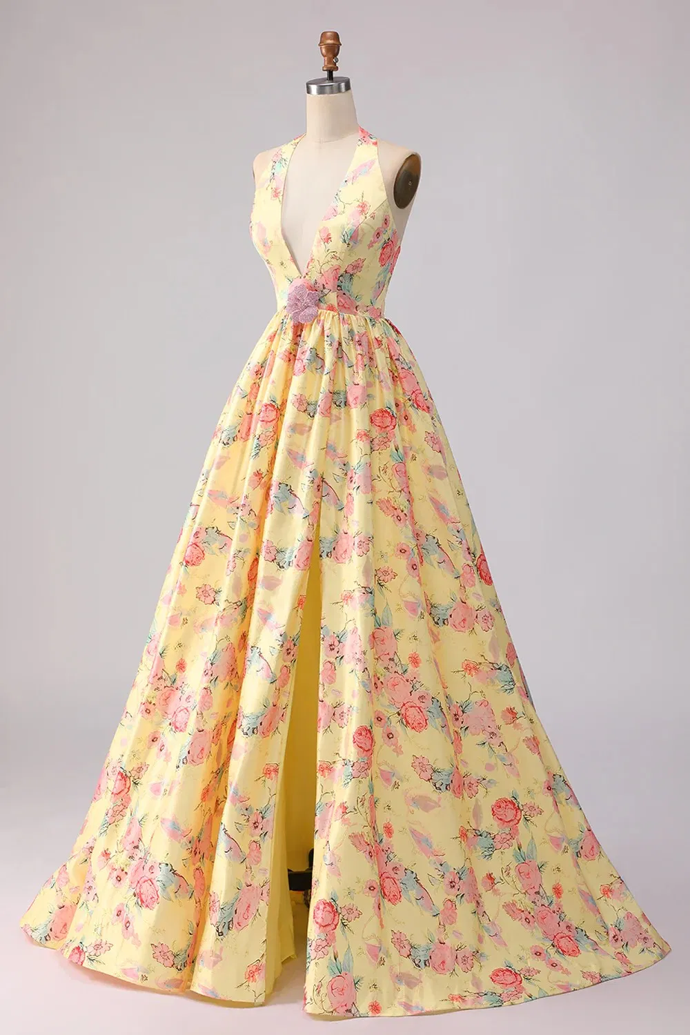 Cicinia Yellow Prom Dresses Long Printed Fabric A-Line Deep V-Neck Halter Backless Evening Dress Prom Dress Sexy Dress Vestido De Noche Girl Dress
