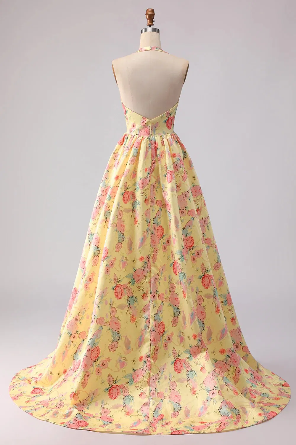 Cicinia Yellow Prom Dresses Long Printed Fabric A-Line Deep V-Neck Halter Backless Evening Dress Prom Dress Sexy Dress Vestido De Noche Girl Dress