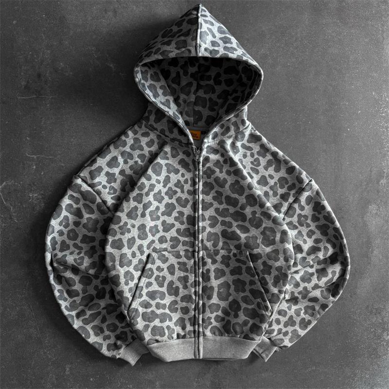 2026 Streetwear Oversized Hoodie 800gsm Leopard Print Cropped Graphic Zip up Hoodie