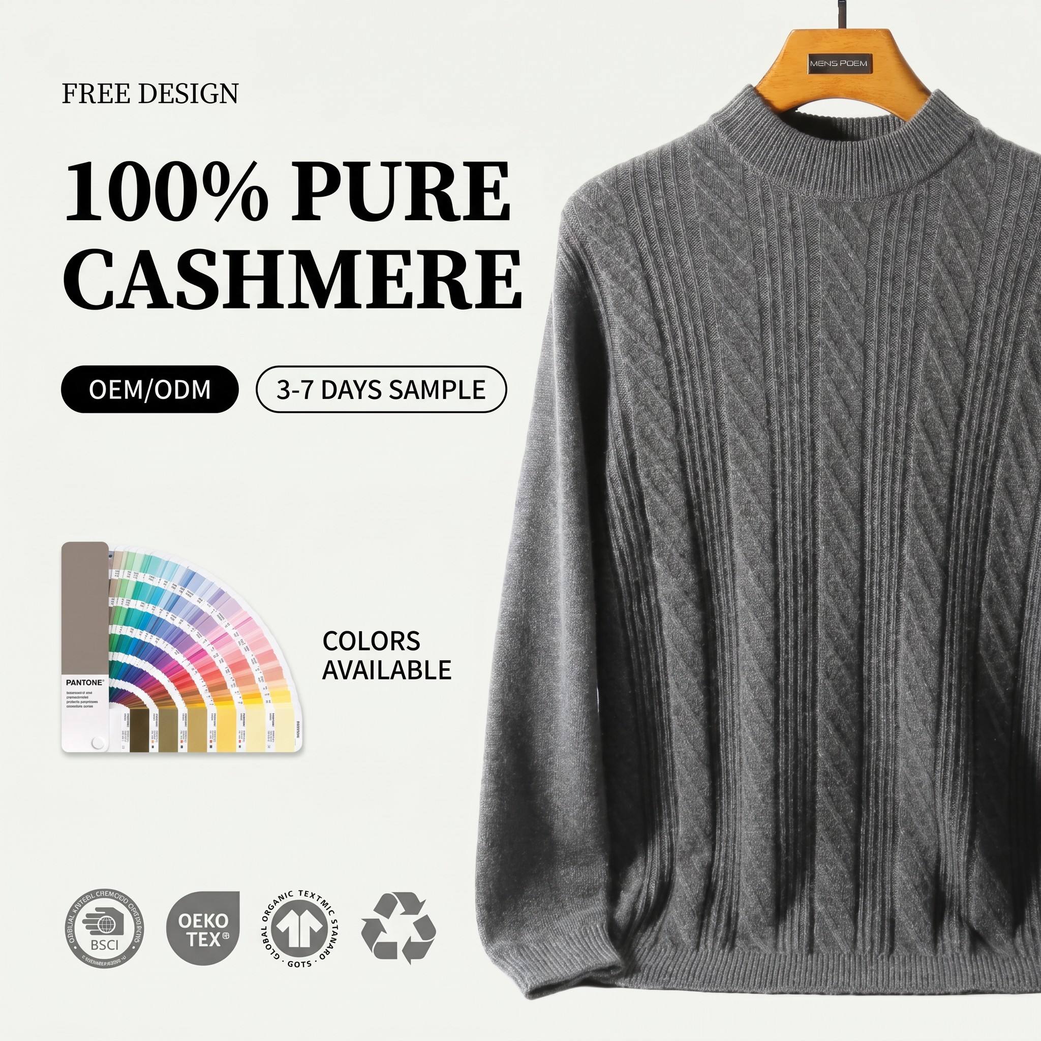 Pure Cashmere Cable Knit Crew Neck Sweater Long Sleeve Design OEM/ODM Customization Ready Stock for Men