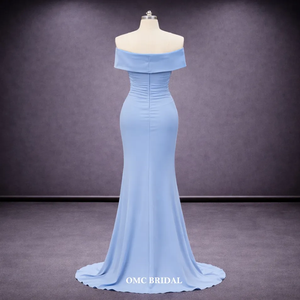 Sky Blue off Shoulder Sweetheart Mermaid Satin Evening Prom Dress with Long Train