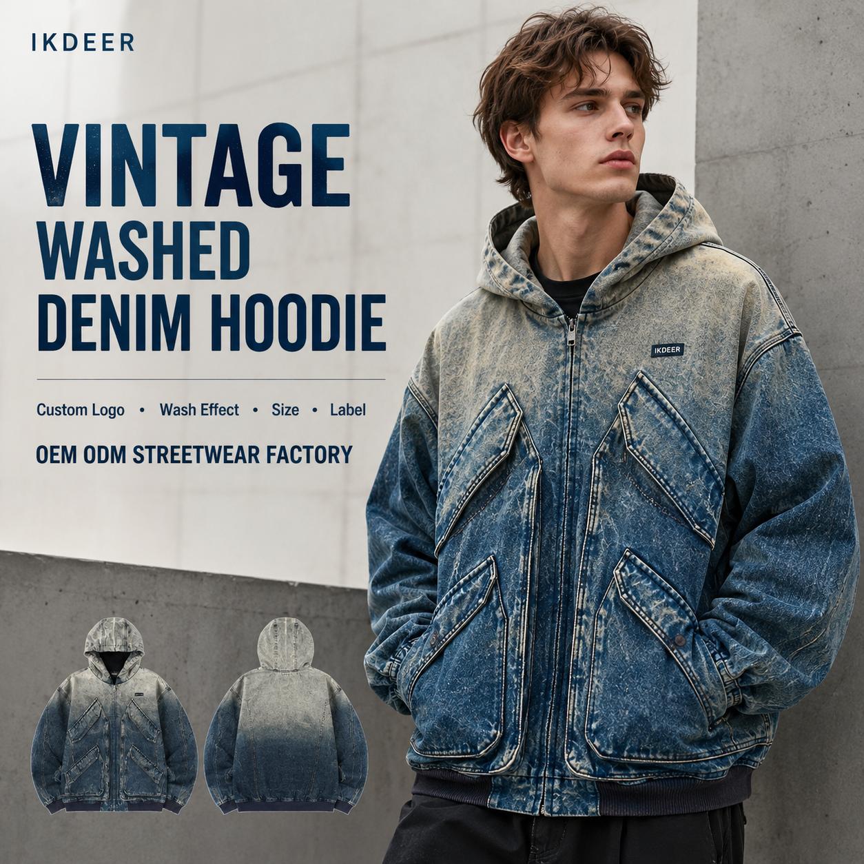 IKDEER Manufacturer Custom Winter Baggy Zip Up Vintage Distressed Acid Washed Heavyweight Cropped Jeans Denim Jacket For Men
