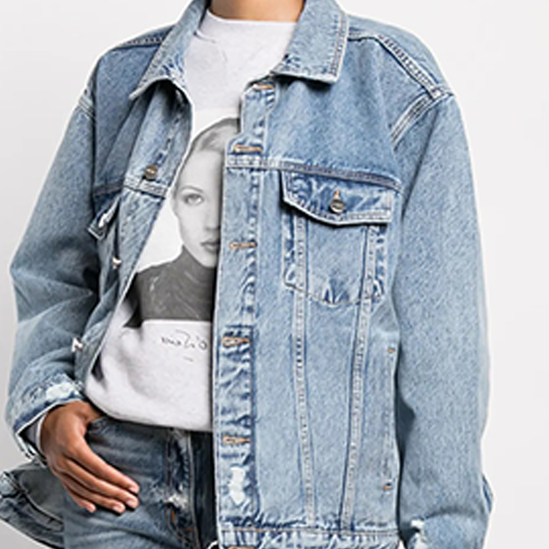 Customized Light Blue Oversize Heavy Wash Destroyed Women's Denim Trucker Jacket